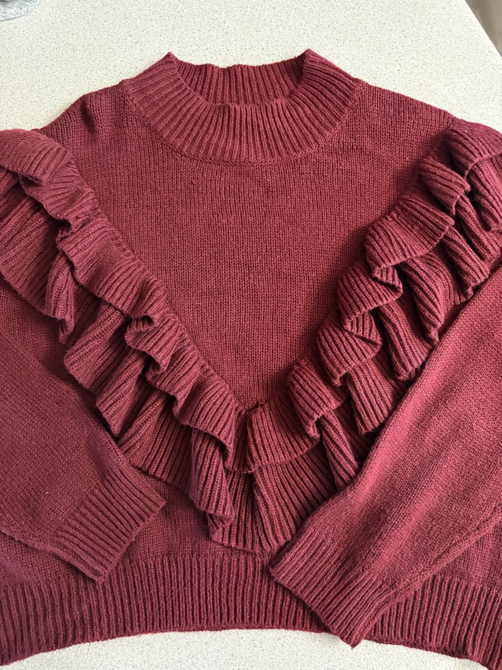 Timing Ruffle-Trim Turtleneck Sweater in Wine